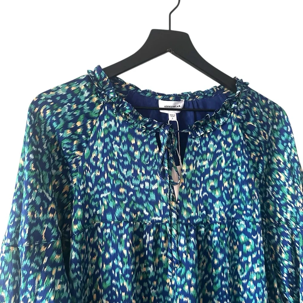 AnnieWear Los Angeles Boho Chiffon Blouse L Blue Green Ikat Ruffle Sleeve - Picture 2 of 10